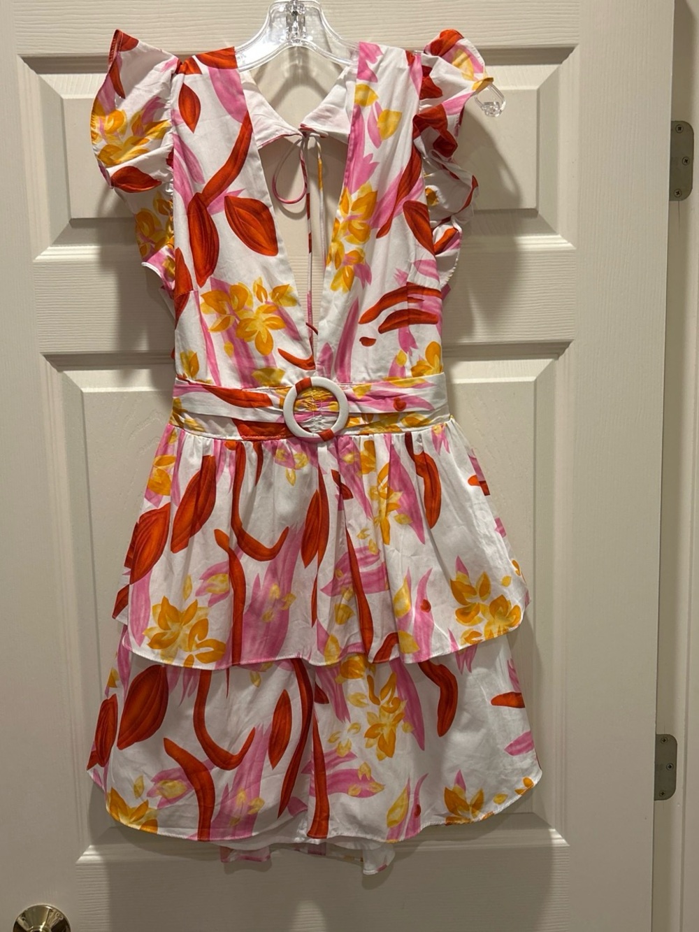 Women’s Tiered Floral Belted Dress — White with Pink & Orange